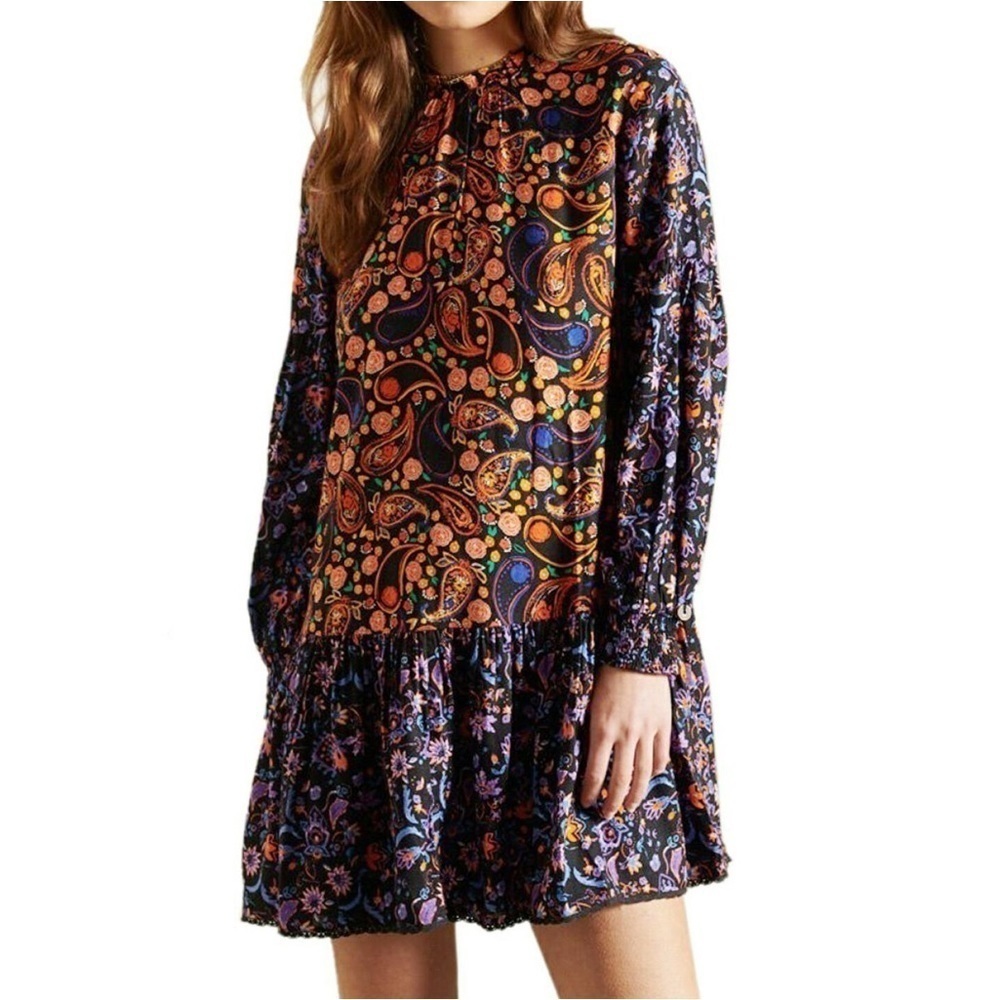 Superdry Multicolor Paisley High Neck Long Sleeve Cottagecore Boho Mini Dress - Picture 4 of 15